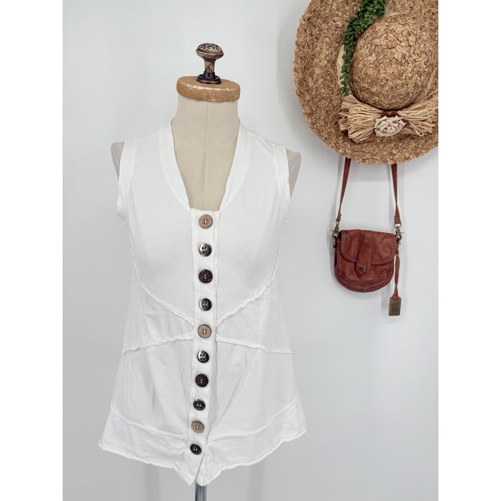 Soft‎ Surroundings White Button Down Cotton Tank Top V-Neck Boho Cottage Size XS